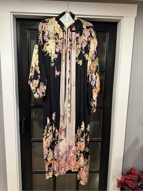 SPELL Blue Skies Kimono Duster with Pink & Cream Blooms